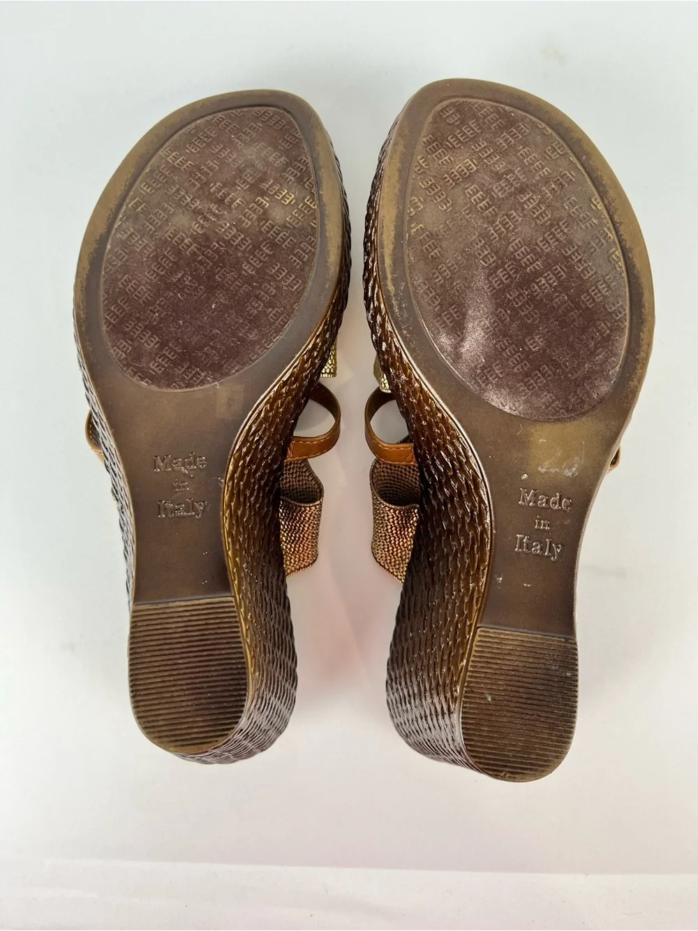 Italian Shoemakers Metallic Gold and Dark Tan Woven Wedge Sandals Size 7